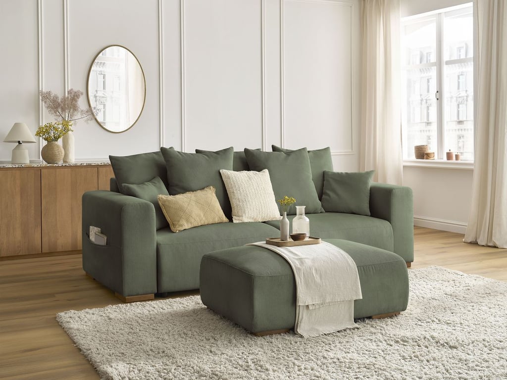 Produit similaire: Canapé droit convertible coffre SIDONIE velours côtelé avec pouf vert BOBOCHIC 4 places