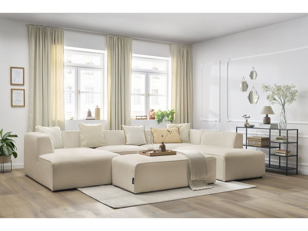 Produit similaire: Canapé panoramique fixe MEGEVE avec pouf tissu bouclette beige angle gauche BOBOCHIC 6 places