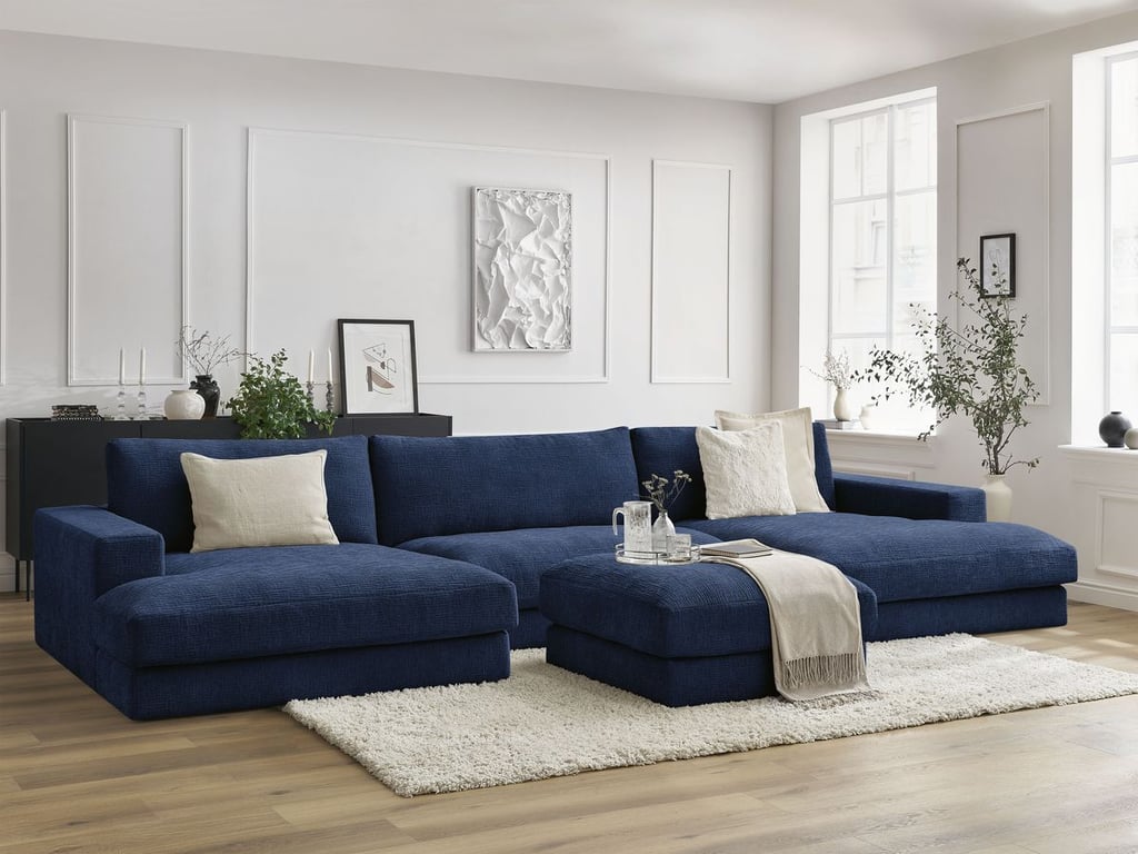 Produit similaire: Canapé panoramique fixe compact LEONARD tissu texturé avec pouf bleu foncé BOBOCHIC 5 places