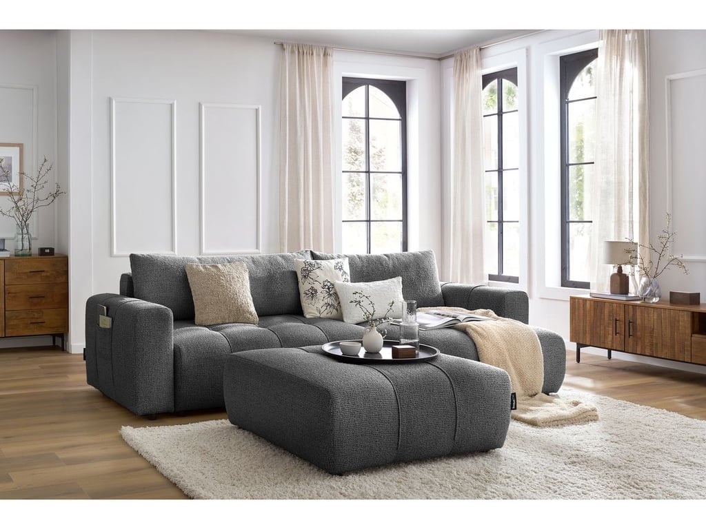 Produit similaire: Canapé d'angle réversible convertible coffre ARSENE avec pouf gris foncé réversible BOBOCHIC 4 places