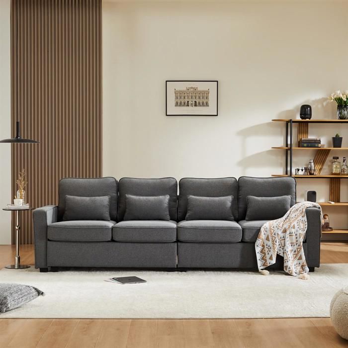 Produit similaire: Canapé rembourré, tissu lin, 4 places, avec poches pour accoudoirs et 4 coussins, style minimaliste, gris foncé