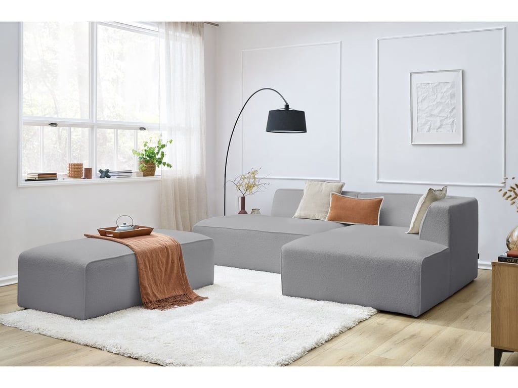 Produit similaire: Canapé d'angle fixe modulable MEGEVE tissu bouclette avec pouf gris clair angle droit BOBOCHIC 5 places
