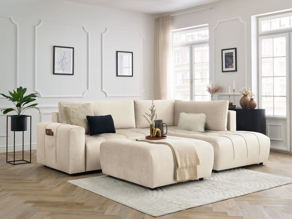 Produit similaire: Canapé d'angle L convertible coffre ARSENE tissu velours avec pouf beige angle droit BOBOCHIC 4 places