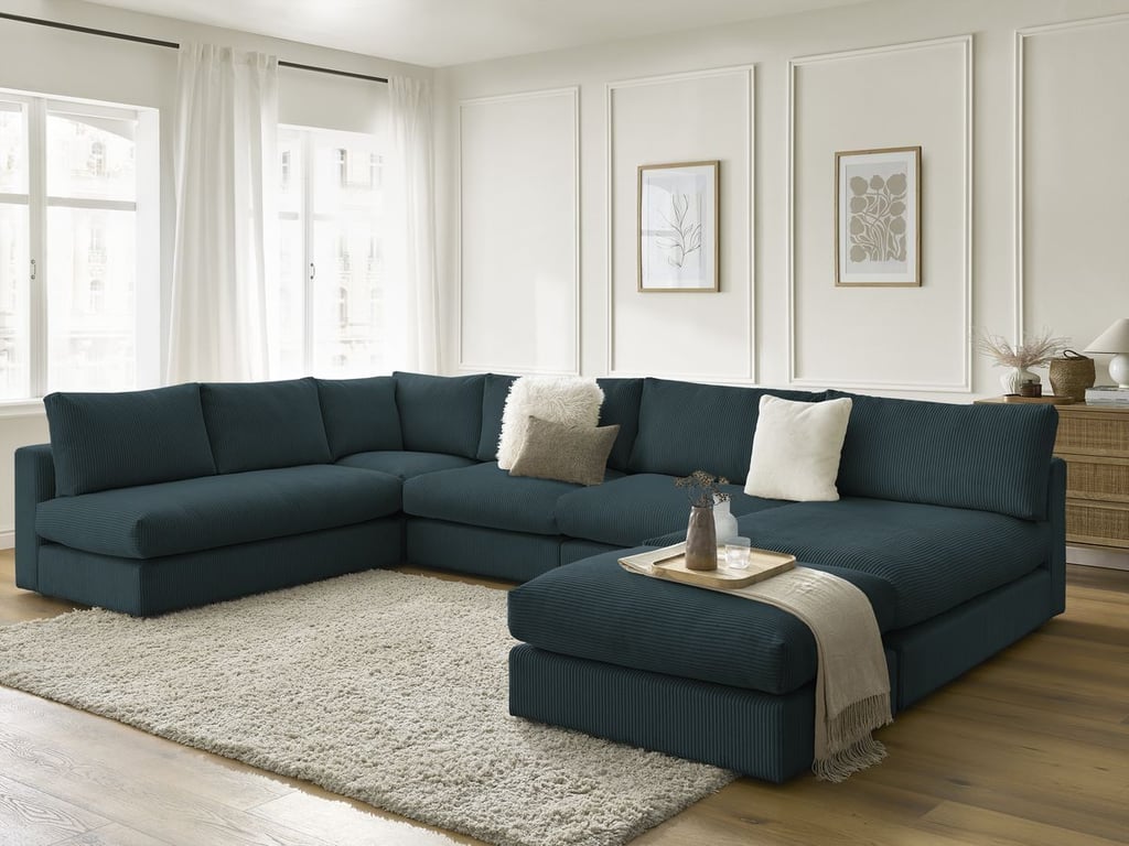 Produit similaire: Canapé d'angle modulable PARIS velours côtelé avec 3 chauffeuses, 1 méridienne, 1 angle, et 1 pouf bleu foncé BOBOCHIC 6 places