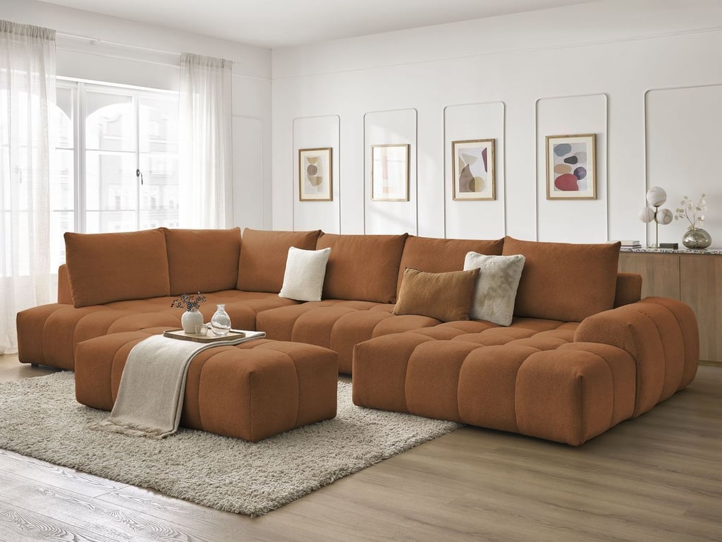 Produit similaire: Canapé panoramique convertible coffre EVEREST tissu chiné avec pouf orange angle droit BOBOCHIC 7 places