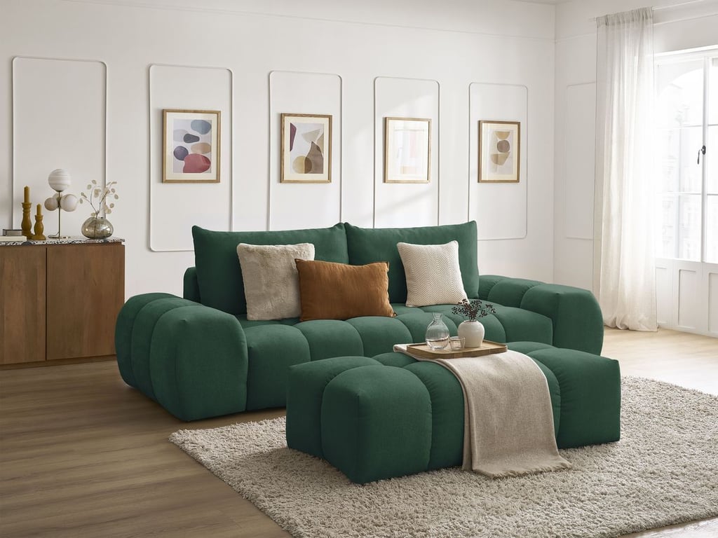 Produit similaire: Canapé droit convertible coffre EVEREST tissu texturé avec pouf vert BOBOCHIC 3 places