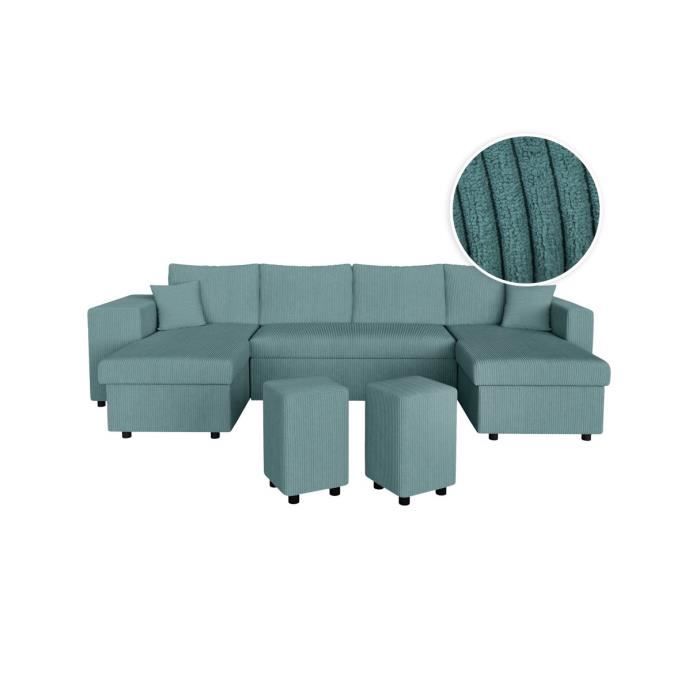 Produit similaire: Canapé panoramique OSLO convertible avec 2 coffres, 2 poufs à gauche en velours côtelé bleu clair - L311 x P146 x H81cm - LOUNGITUDE