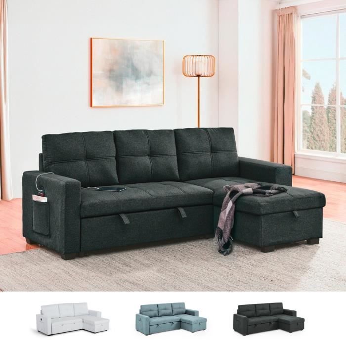 Produit similaire: Canapé convertible 3 places avec méridienne et rangement USB-C bibliothèque Civis - Noir