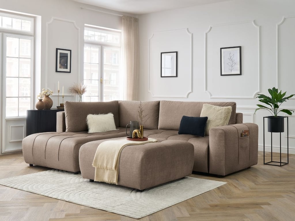 Produit similaire: Canapé d'angle L convertible coffre ARSENE tissu velours avec pouf taupe angle gauche BOBOCHIC 4 places