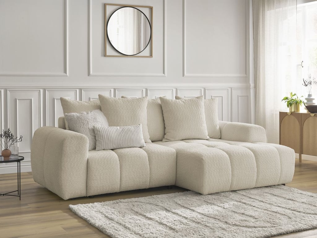 Produit similaire: Canapé d'angle convertible coffre ROXELANE tissu bouclette beige angle droit BOBOCHIC 3 places