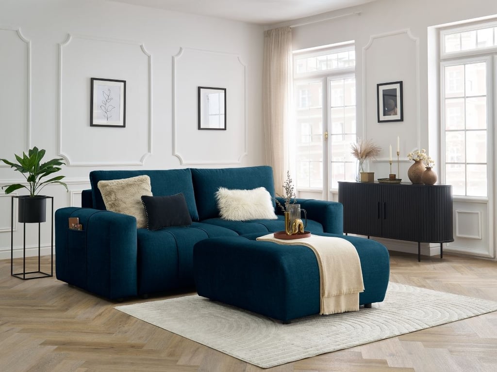 Produit similaire: Canapé droit convertible coffre ARSENE tissu velours avec pouf bleu BOBOCHIC 4 places