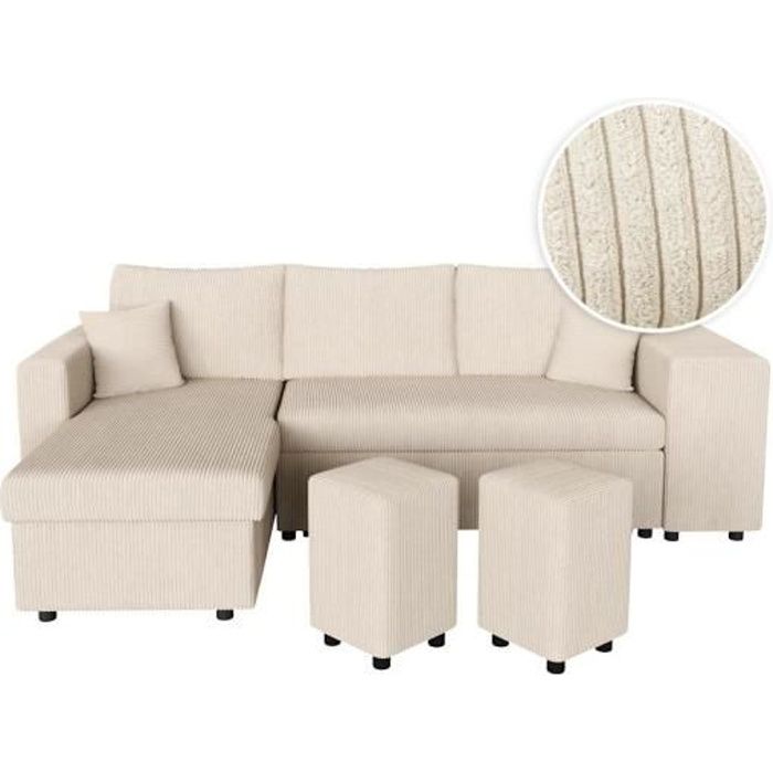 Produit similaire: Canapé d'angle réversible convertible OSLO avec coffre, 2 poufs à droite en velours côtelé beige - L241 x P146 x H81cm - LOUNGITUDE