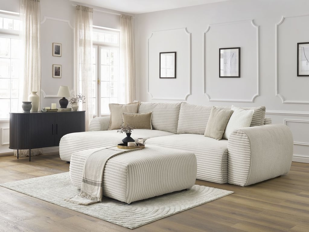 Produit similaire: Canapé d'angle convertible coffre LUCIEN gros côtelé doux avec pouf beige angle gauche BOBOCHIC 5 places