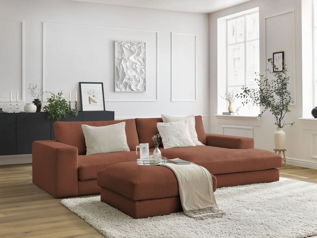 Produit similaire: Canapé d'angle fixe compact LEONARD velours côtelé avec pouf orange angle droit BOBOCHIC 3 places