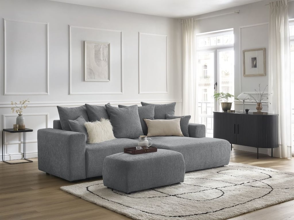 Produit similaire: Canapé d'angle convertible coffre ATILLA tissu texturé avec pouf gris foncé angle droit BOBOCHIC 5 places