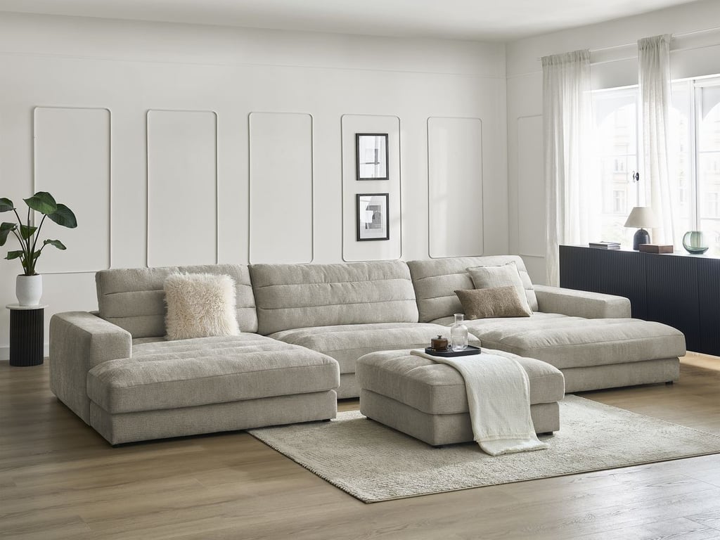 Produit similaire: Canapé panoramique fixe SIERRA tissu texturé avec pouf taupe BOBOCHIC 5 places