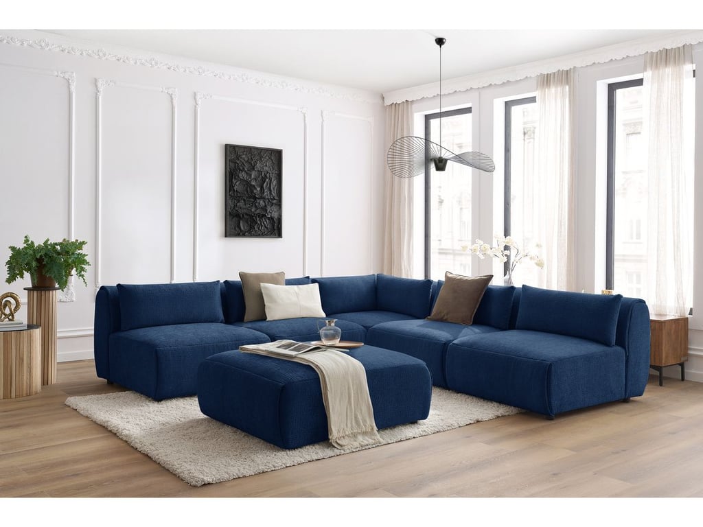Produit similaire: Canapé d'angle fixe modulable JEANNE tissu texturé avec 4 chauffeuses, 1 angle et 1 pouf bleu foncé BOBOCHIC 6 places