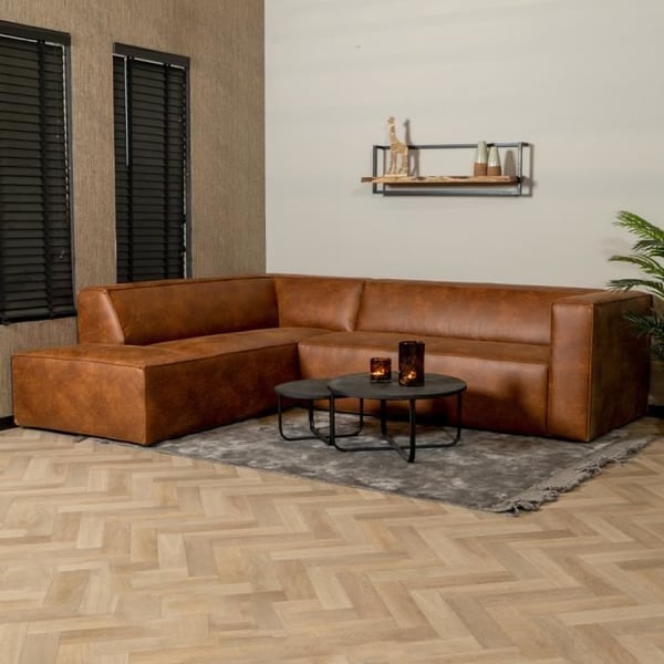 Livin24  Canapé d'angle industriel Memphis éco-cuir cognac gauche