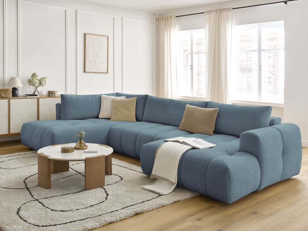Produit similaire: Canapé d'angle panoramique convertible FUJI tissu lisse avec pouf bleu clair angle droit BOBOCHIC 5 places