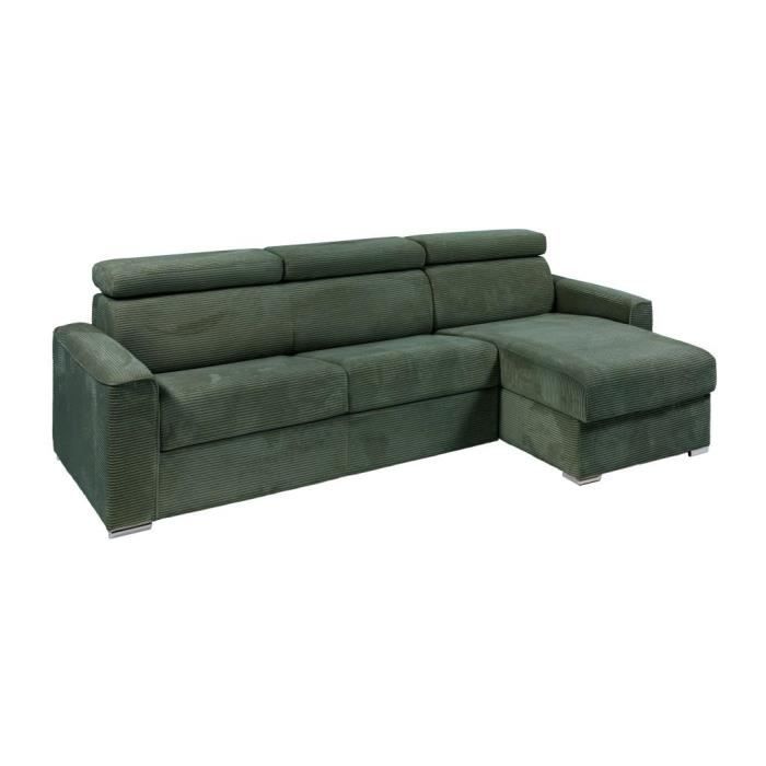 Canapé d'angle réversible convertible express en velours côtelé vert - Couchage à lattes larges 160 cm - Matelas 18 cm - VIZIR