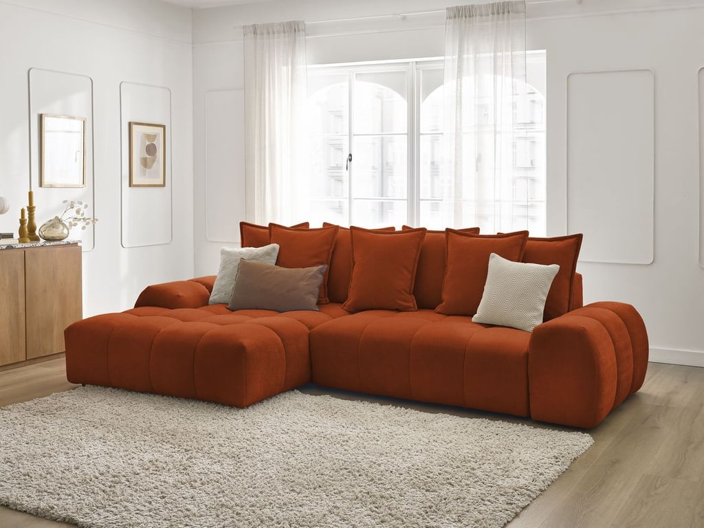 Produit similaire: Canapé d'angle convertible coffre EVEREST tissu texturé orange angle gauche BOBOCHIC 3 places
