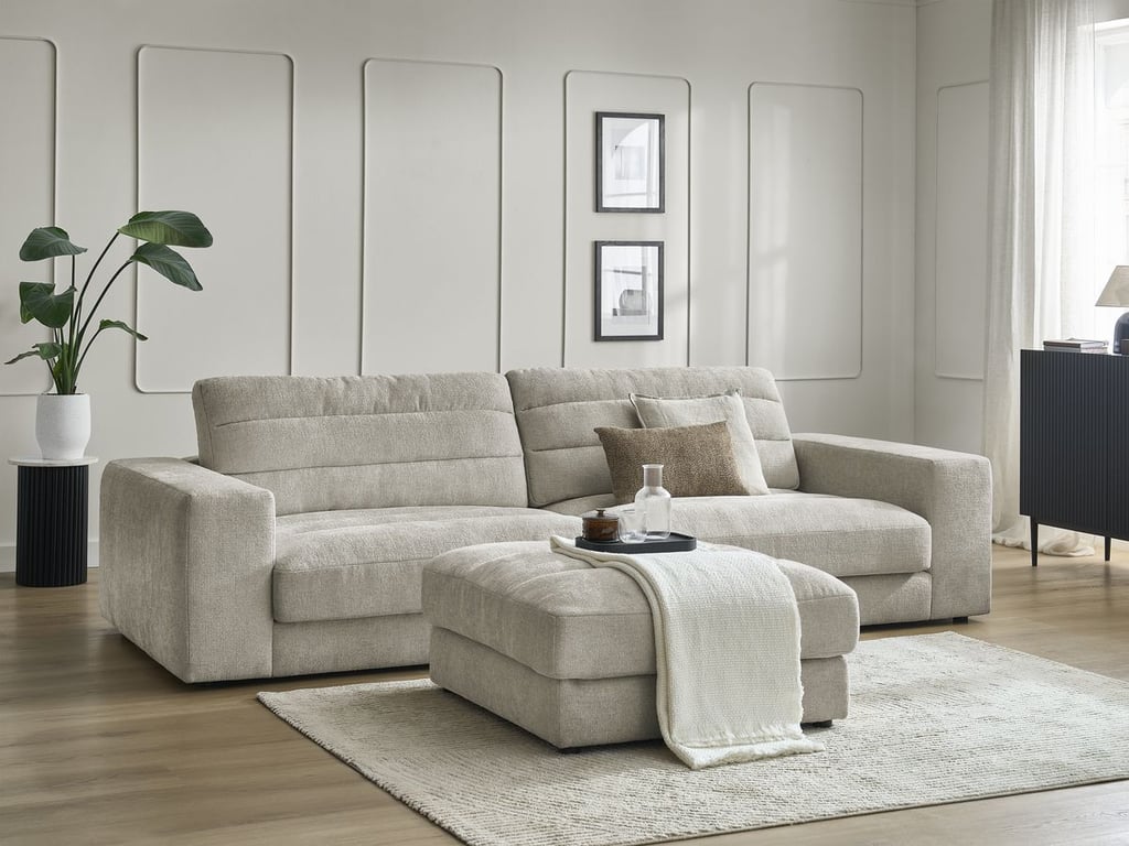 Produit similaire: Canapé droit fixe 3 places SIERRA tissu texturé avec pouf taupe BOBOCHIC