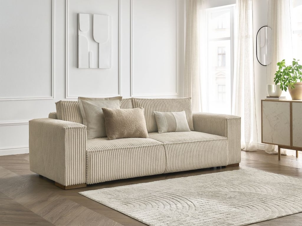 Produit similaire: Canapé droit convertible coffre CHELSEA gros côtelé doux taupe BOBOCHIC 3 places