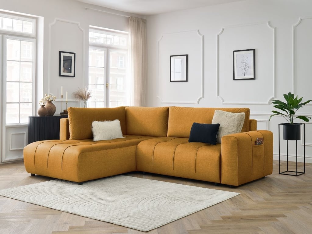 Produit similaire: Canapé d'angle L convertible coffre ARSENE tissu velours jaune angle gauche BOBOCHIC 3 places