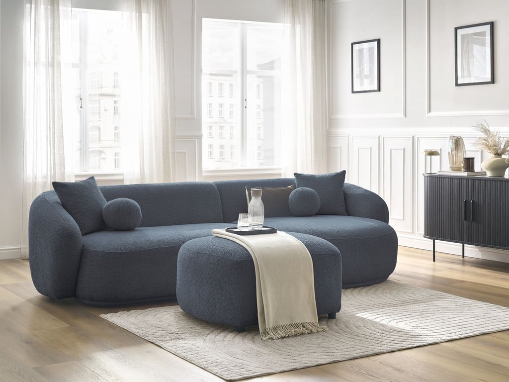 Produit similaire: Canapé d'angle fixe ASHLEY avec pouf bleu foncé angle droit BOBOCHIC 4 places