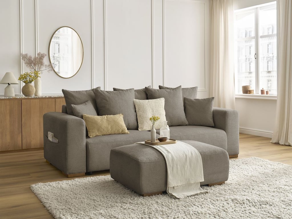 Produit similaire: Canapé droit convertible SIDONIE tissu chiné avec pouf taupe BOBOCHIC 4 places