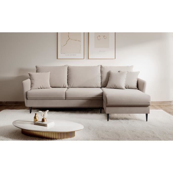 Canapé d'angle - VOLIO - 223 cm - avec fonction couchage - velours hydrophobe - beige - pieds noirs