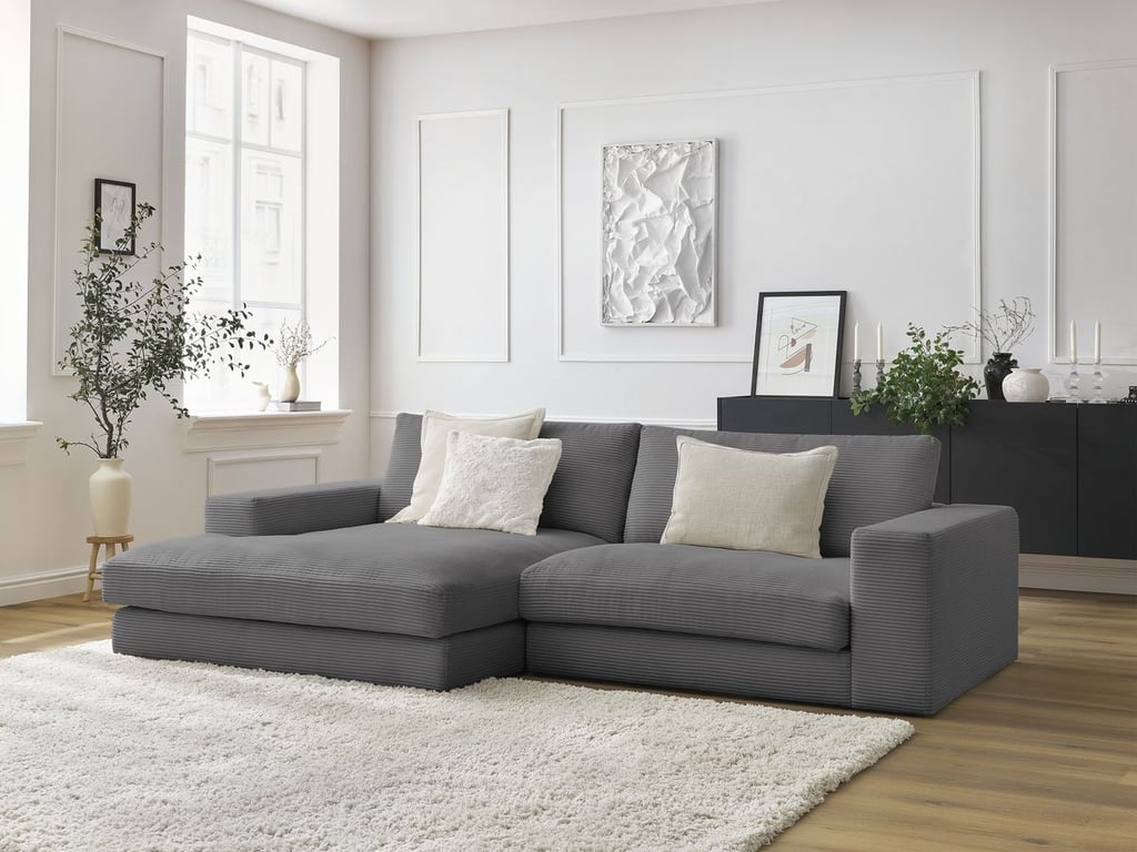 Produit similaire: Canapé d'angle fixe compact LEONARD velours côtelé gris foncé angle gauche BOBOCHIC 4 places