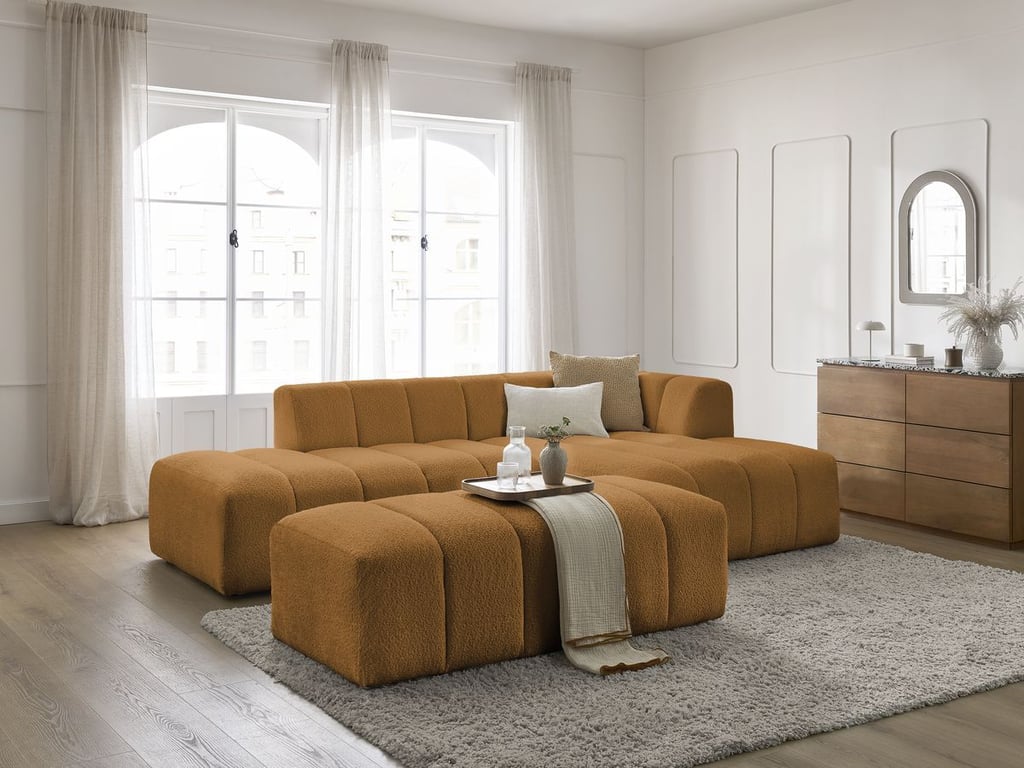 Produit similaire: Canapé d'angle fixe modulable ANNECY tissu bouclette avec pouf jaune angle droit BOBOCHIC 4 places