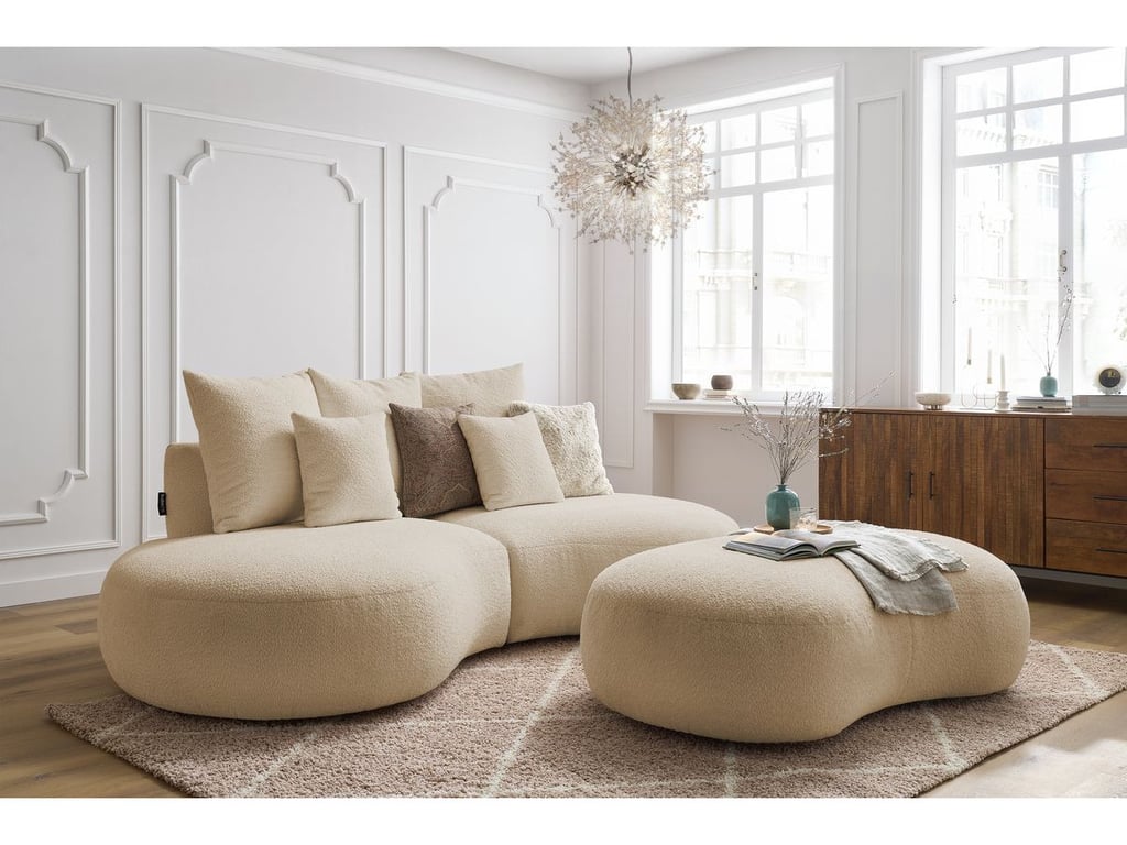 Produit similaire: Canapé droit fixe 3 places SAINT-GERMAIN tissu bouclette avec pouf beige BOBOCHIC