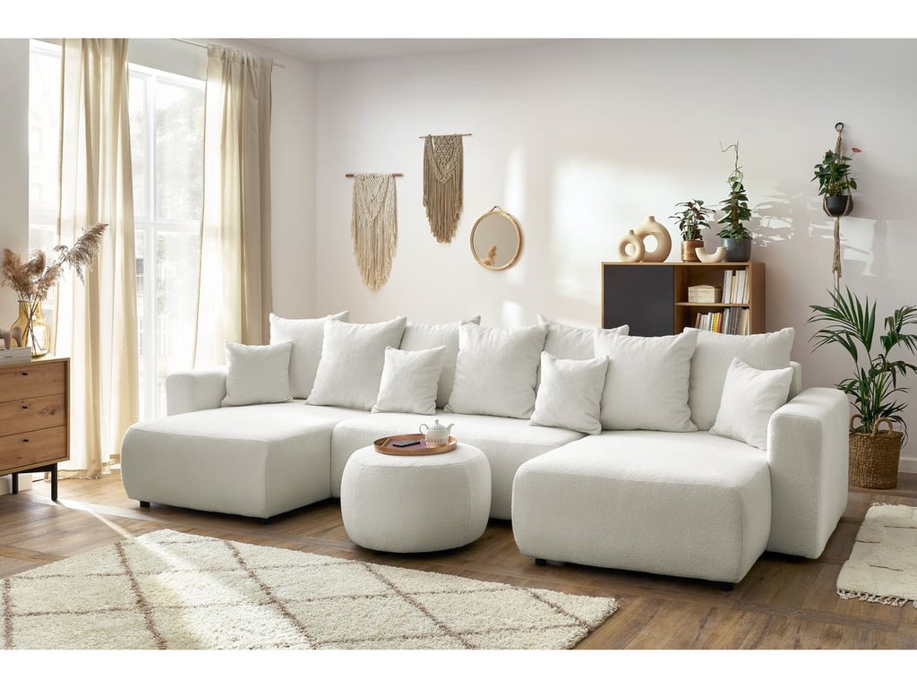 Produit similaire: Canapé panoramique convertible coffre ENVY tissu bouclette avec pouf rond blanc panoramique BOBOCHIC 6 places