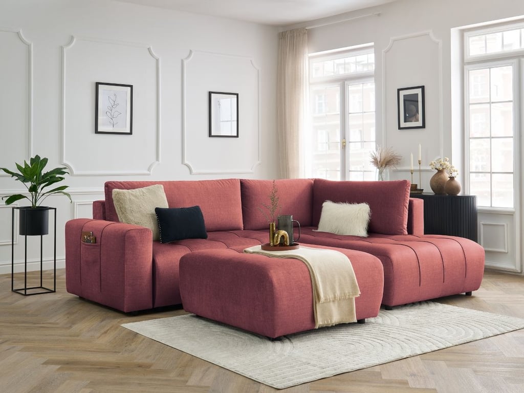 Produit similaire: Canapé d'angle L convertible coffre ARSENE tissu velours avec pouf orange angle droit BOBOCHIC 4 places