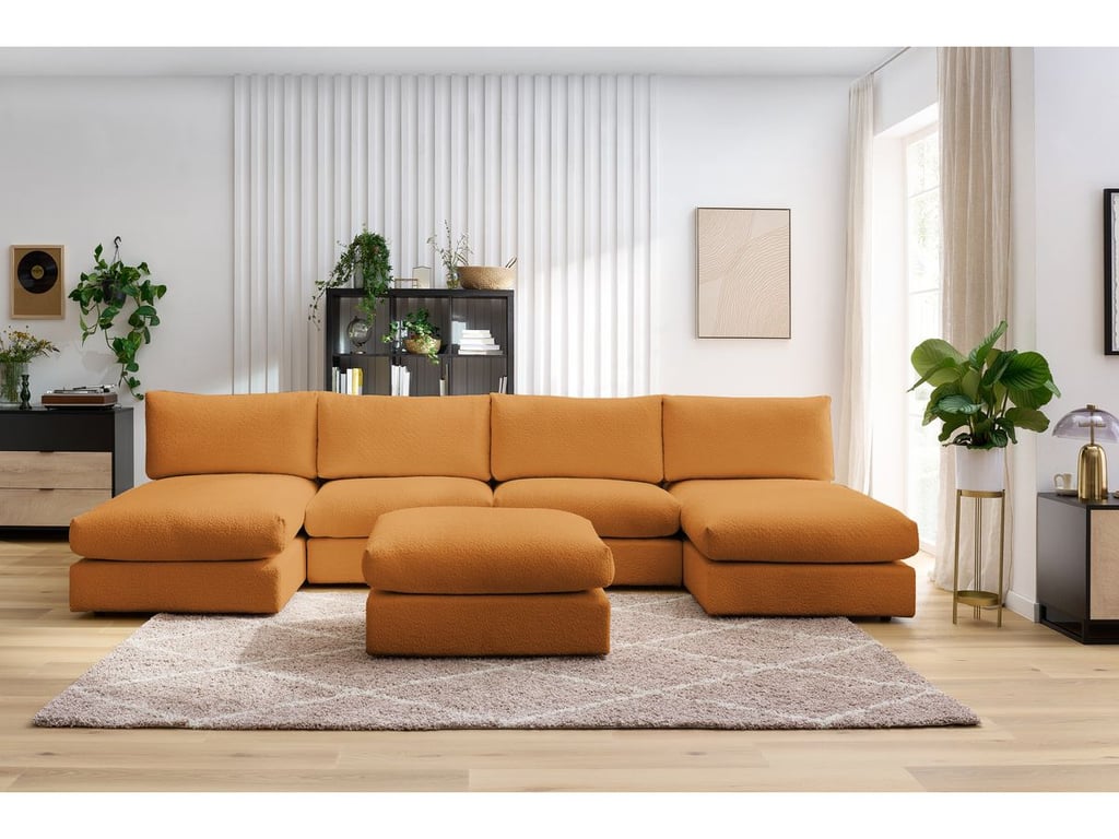 Produit similaire: Canapé panoramique fixe 100% modulable PARIS tissu bouclette avec 2 chauffeuses, 2 méridiennes, 1 pouf jaune panoramique BOBOCHIC 6 places