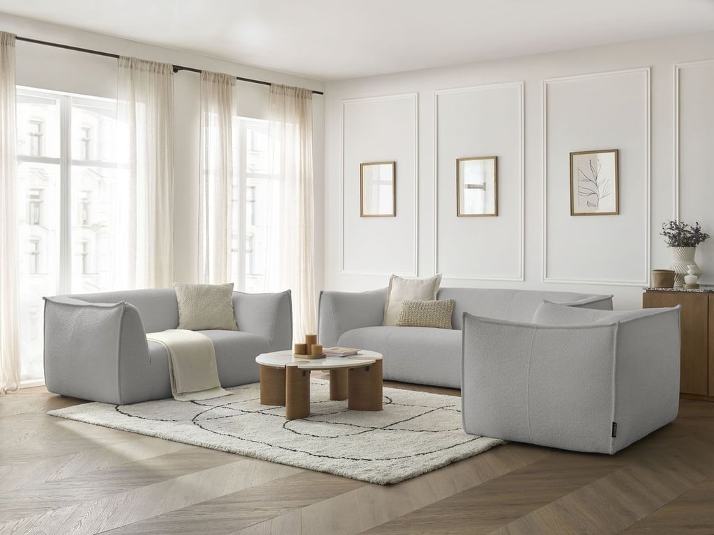 Produit similaire: Ensemble canapé droit fixe 3 + 2 places + fauteuil GIORGIA tissu bouclette gris clair   BOBOCHIC