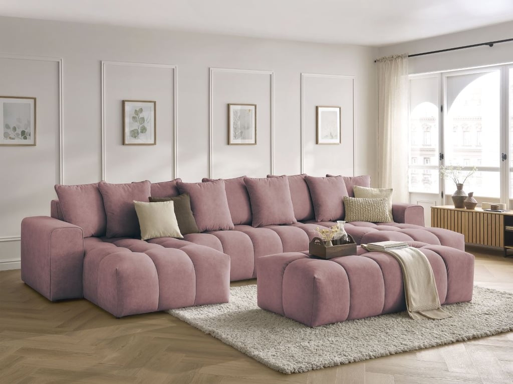 Produit similaire: Canapé panoramique fixe MONT-BLANC velours avec pouf rose BOBOCHIC 6 places