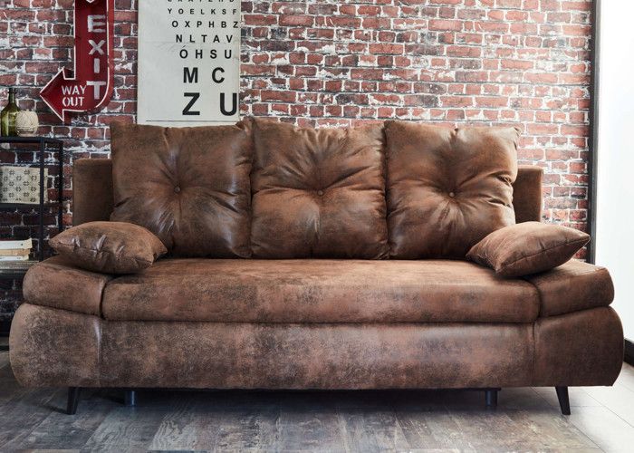 Canapé droit 3 places convertible avec coffre de rangement style industriel - Larson - Marron