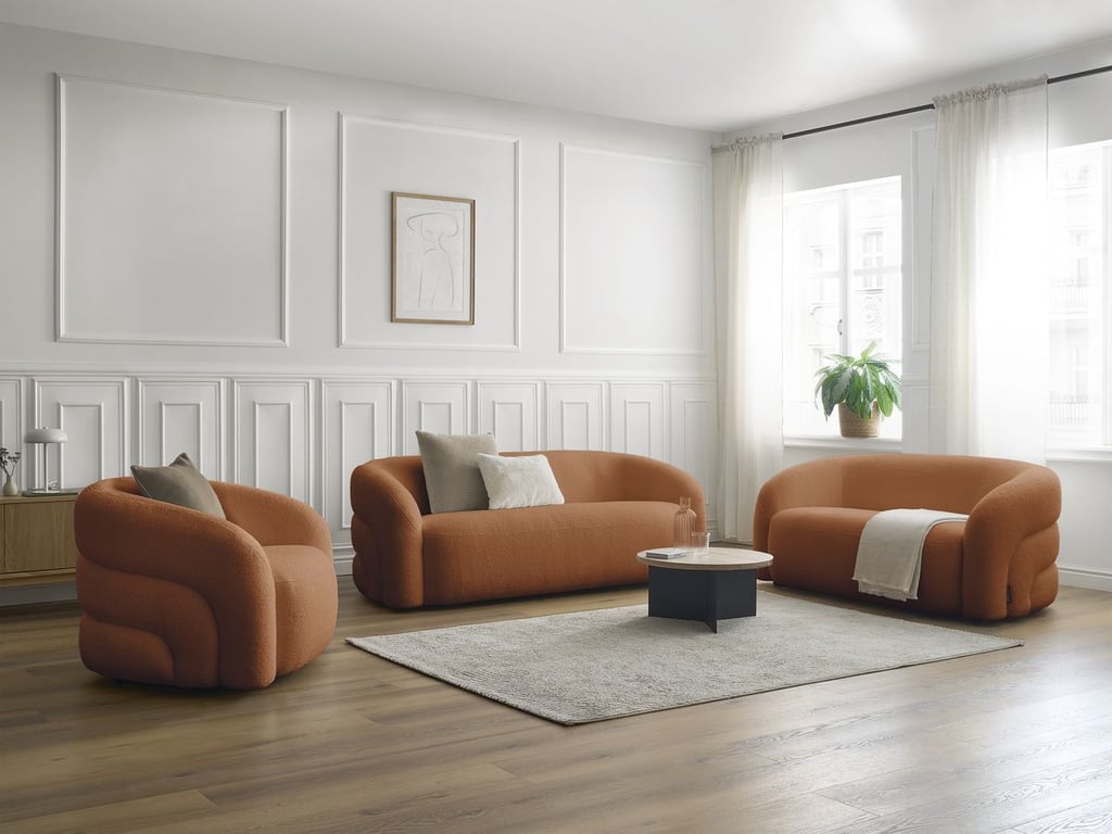 Produit similaire: Ensemble canapé droit fixe 3 + 2 places + fauteuil pivotant ELINA tissu bouclette orange BOBOCHIC