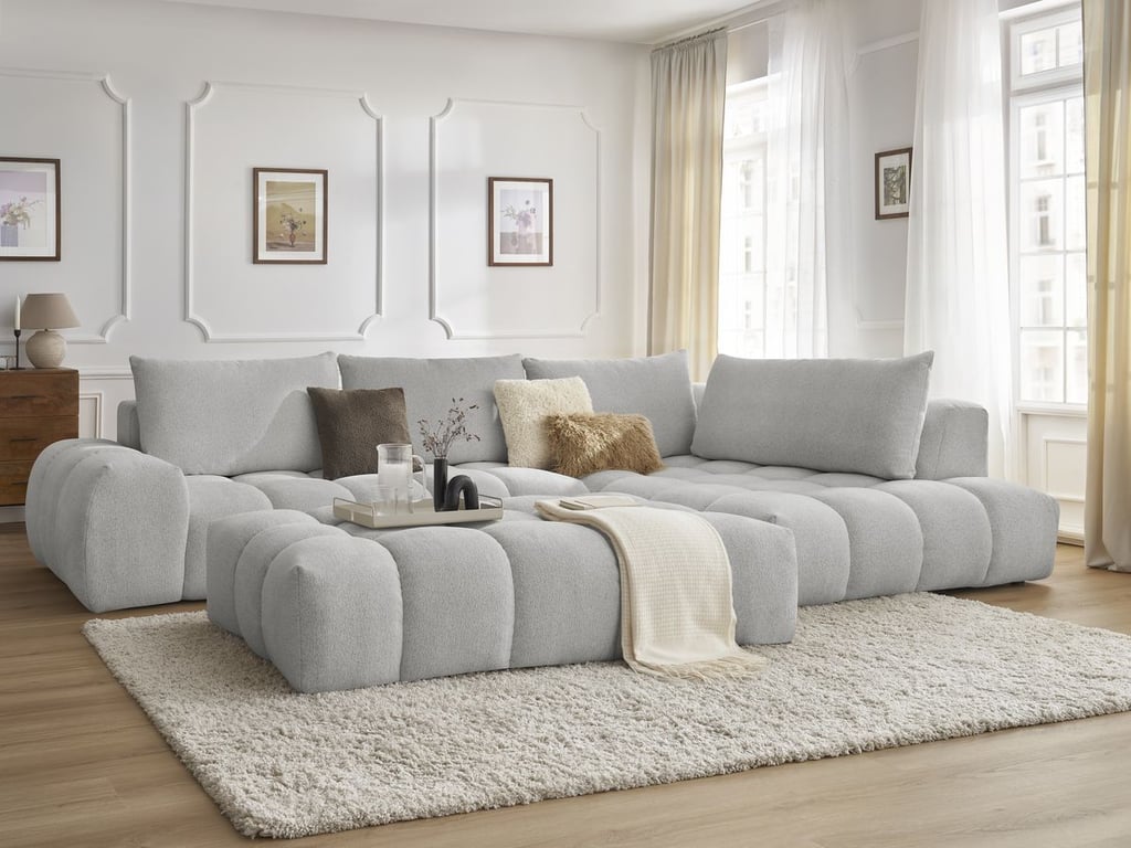 Produit similaire: Canapé d'angle fixe EVEREST tissu chiné avec pouf gris clair angle droit BOBOCHIC 5 places