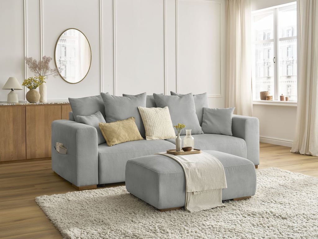 Produit similaire: Canapé droit convertible coffre SIDONIE velours côtelé avec pouf gris clair BOBOCHIC 4 places