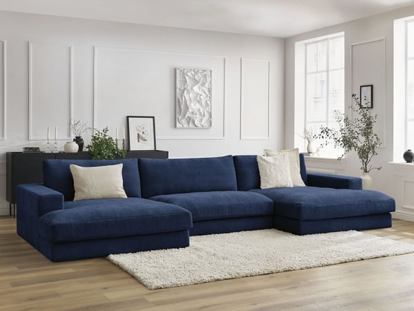 Leonard canapé panoramique fixe 6 places tissu texturé bleu foncé