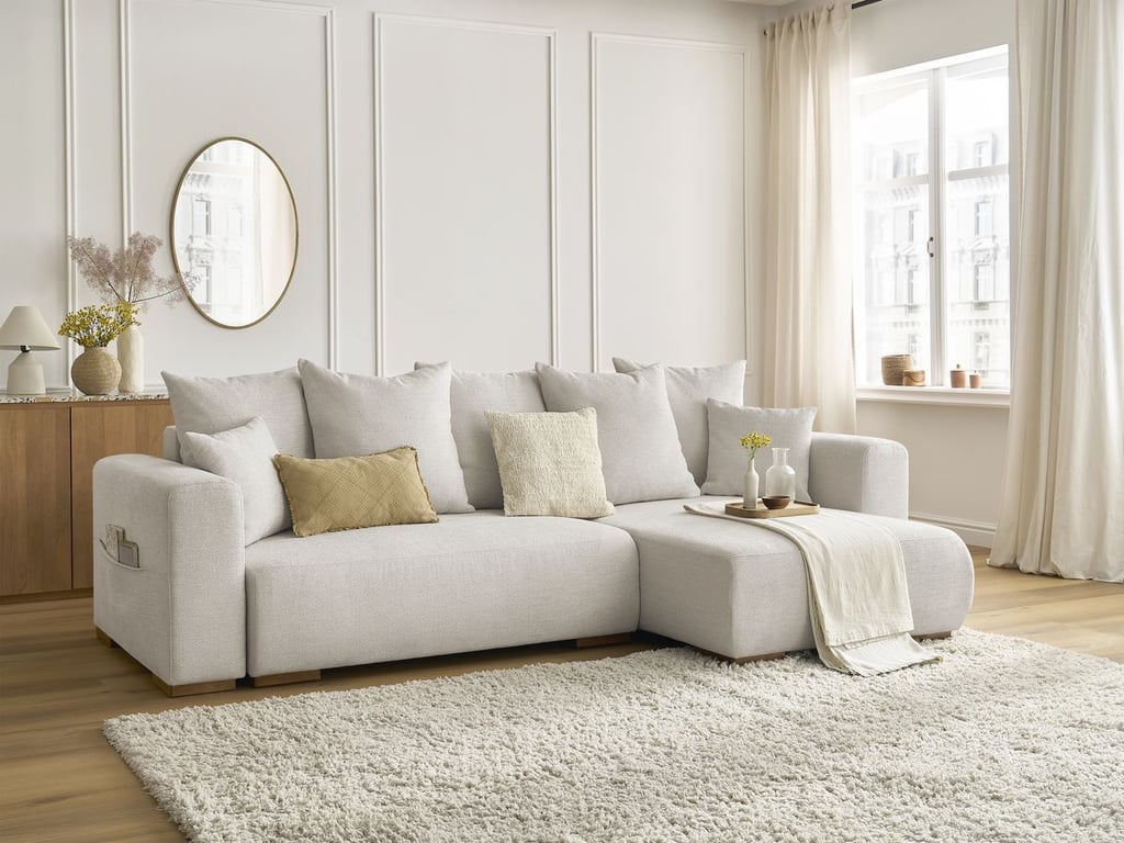 Produit similaire: Canapé d'angle convertible réversible coffre SIDONIE tissu chiné beige BOBOCHIC 3 places