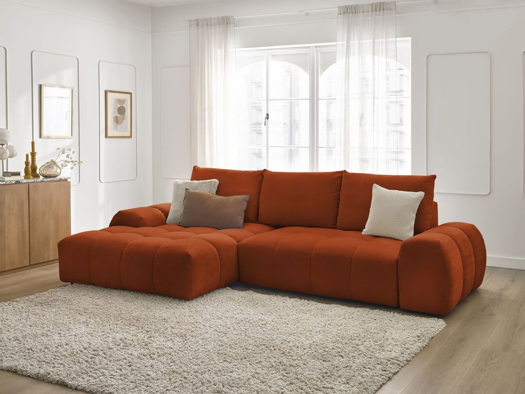 Produit similaire: Canapé d'angle convertible coffre EVEREST tissu texturé orange angle gauche BOBOCHIC 3 places