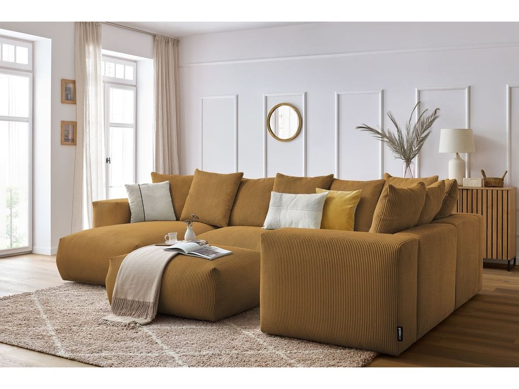 Produit similaire: Canapé panoramique fixe modulable VOLTAIRE avec 1 méridienne, 1 angle, 2 chauffeuses et 1 pouf jaune angle gauche BOBOCHIC 6 places