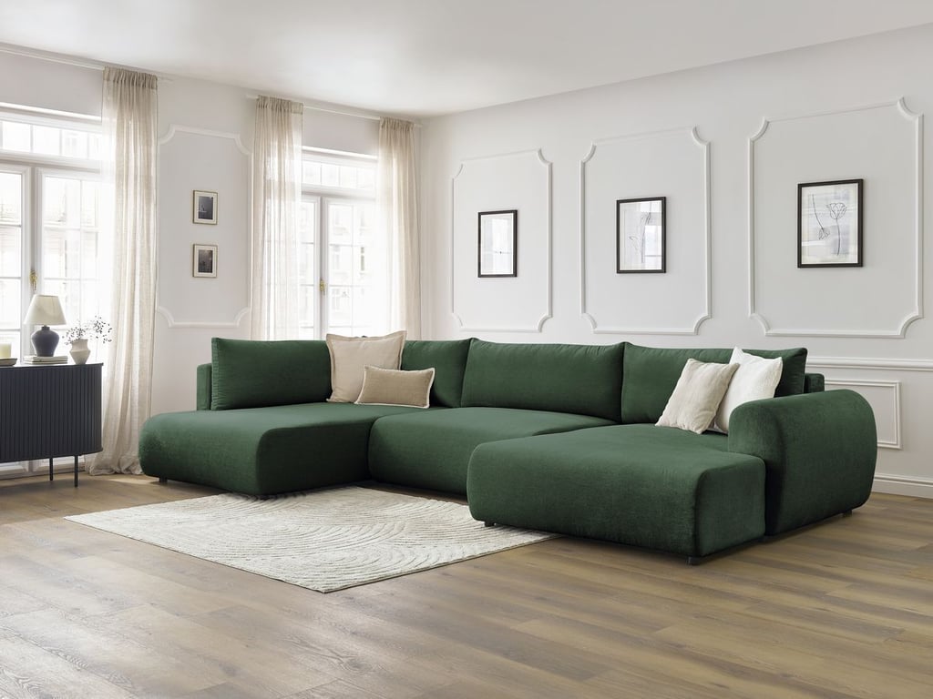Produit similaire: Canapé panoramique convertible coffre LUCIEN tissu lisse vert angle droit BOBOCHIC 5 places