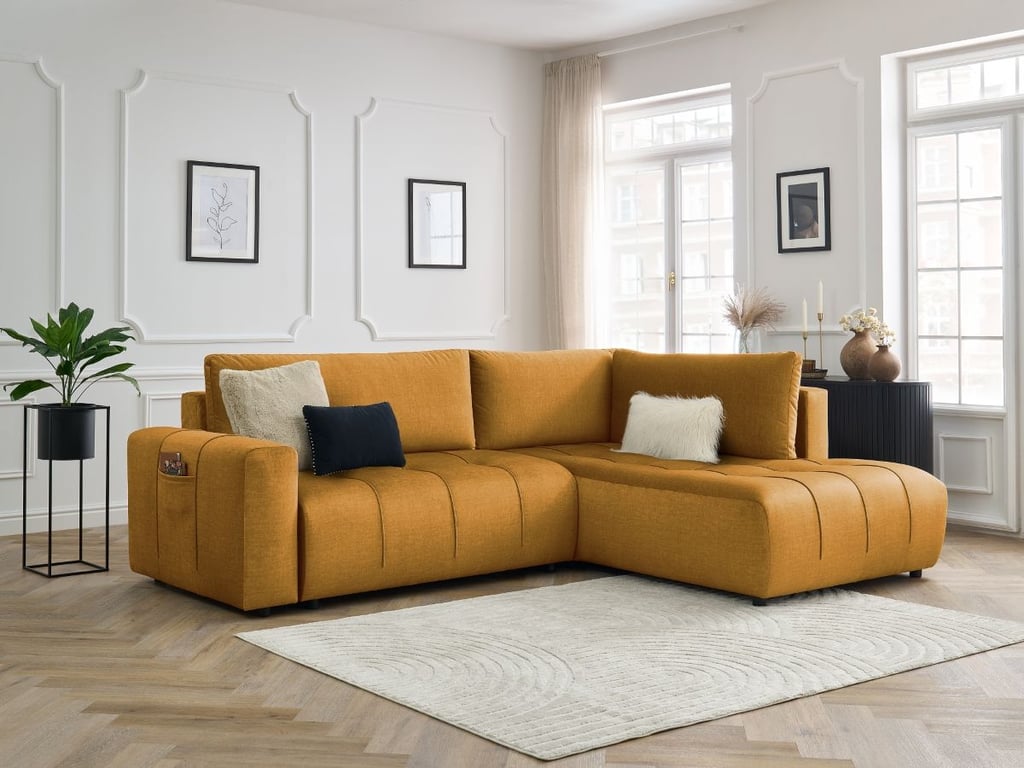 Produit similaire: Canapé d'angle L convertible coffre ARSENE tissu velours jaune angle droit BOBOCHIC 3 places