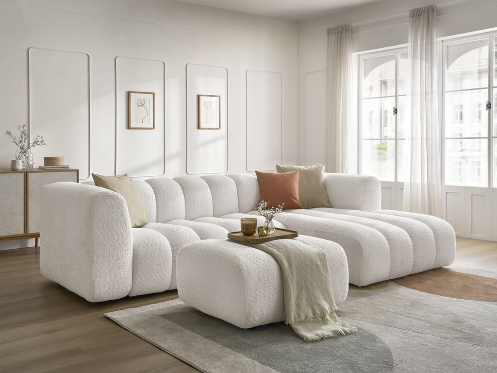 Produit similaire: Canapé d'angle fixe TALIA tissu bouclette avec pouf blanc angle droit BOBOCHIC 4 places